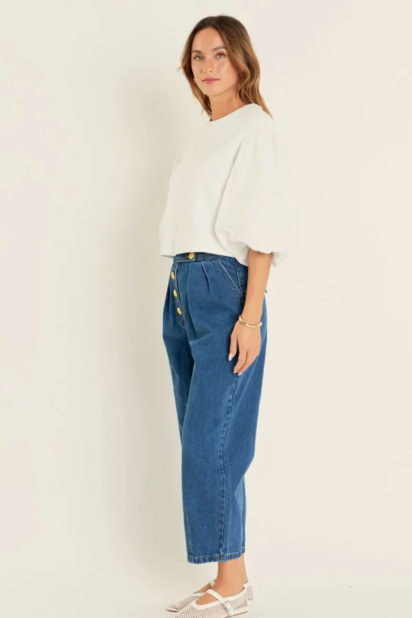 ENGLISH FACTORY Tops*- Blouson Mixed Media Top WHITE