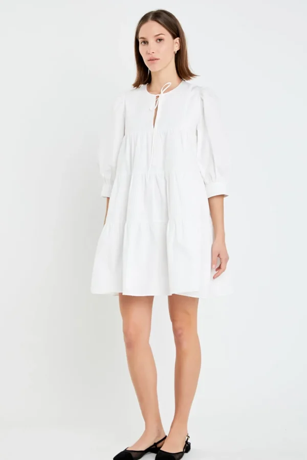 ENGLISH FACTORY Boho Dresses | White Dresses*- Blouson Sleeve Poplin Mini Dress WHITE