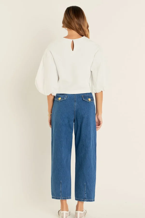 ENGLISH FACTORY Tops*- Blouson Mixed Media Top WHITE