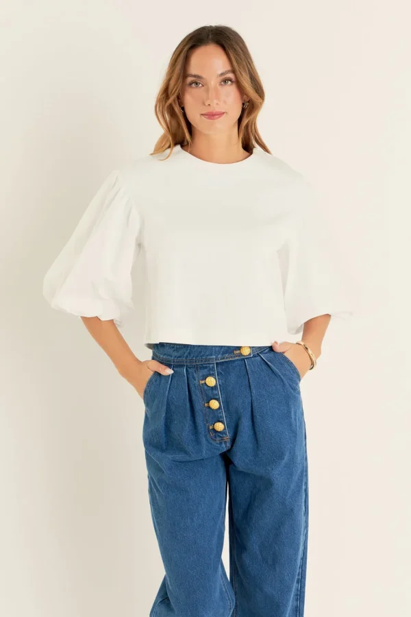 ENGLISH FACTORY Tops*- Blouson Mixed Media Top WHITE