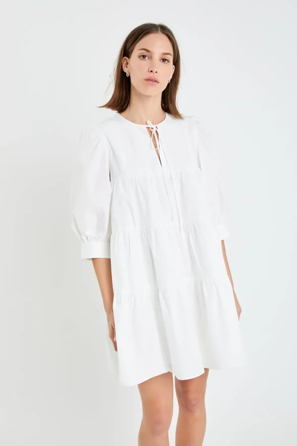 ENGLISH FACTORY Boho Dresses | White Dresses*- Blouson Sleeve Poplin Mini Dress WHITE
