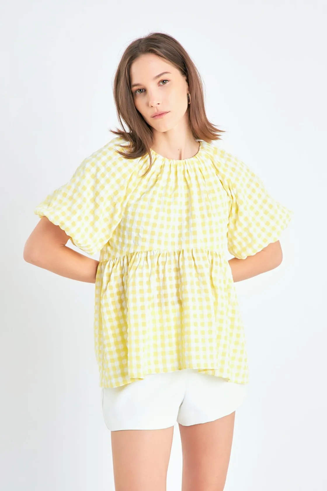 english_factory__blouson__3.webp ENGLISH FACTORY Tops*- Blouson Babydoll Spaghetti Tie Top YELLOW