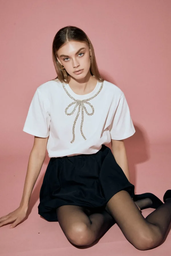 ENGLISH FACTORY Tops*- Bow Bead Detail Top WHITE