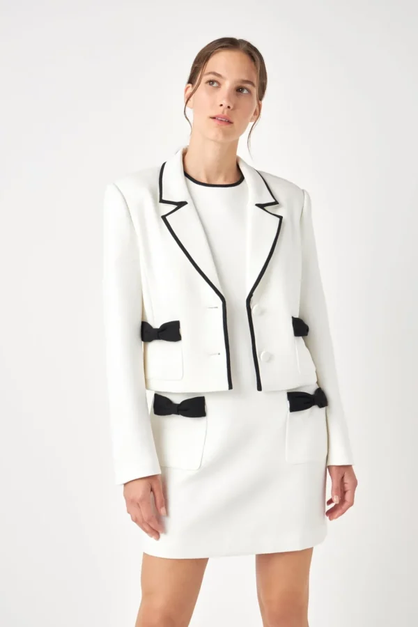 ENGLISH FACTORY Blazers*- Bow Contrast Tweed Blazer IVORY/BLACK