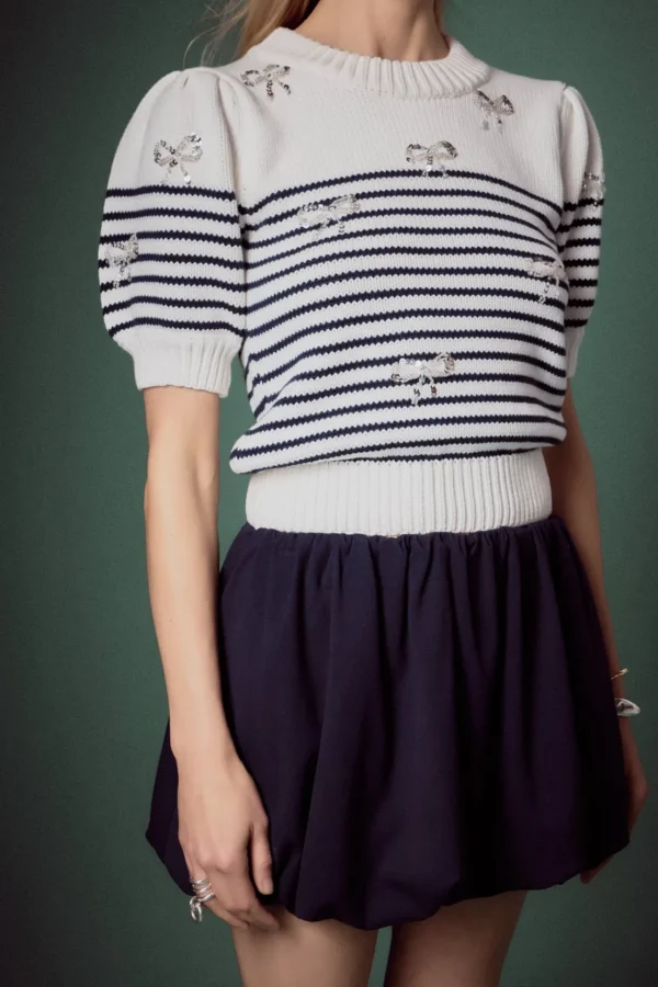 ENGLISH FACTORY Tops*- Bow Detailed Stripe Knit OFFWHITE/NAVY
