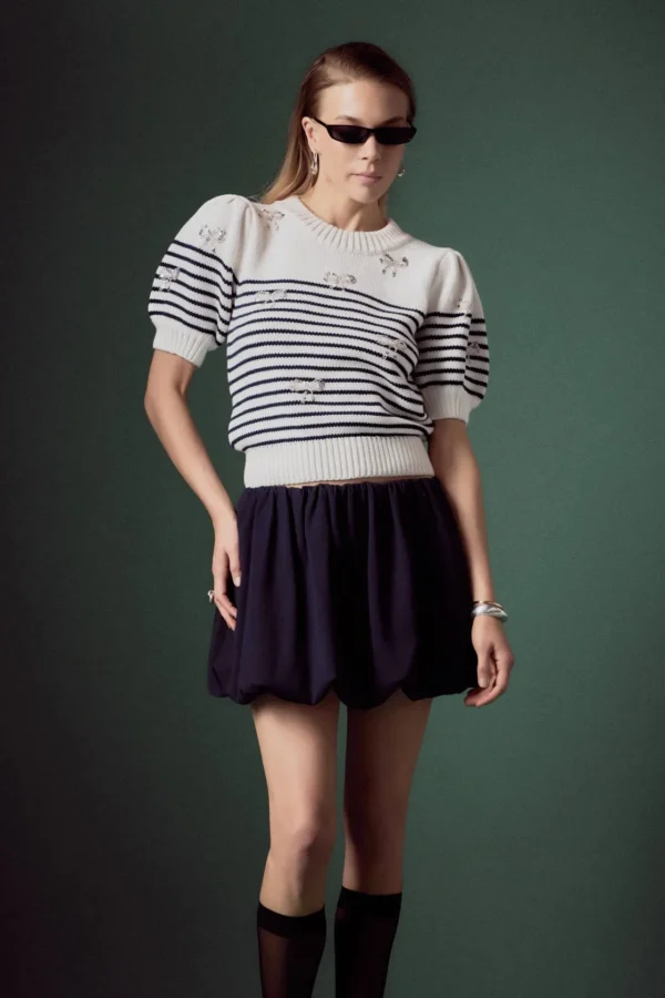 ENGLISH FACTORY Tops*- Bow Detailed Stripe Knit OFFWHITE/NAVY