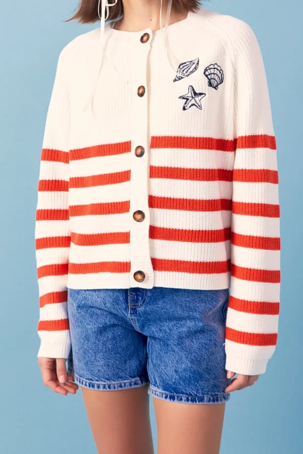 ENGLISH FACTORY Sweaters & Knits | Tops*- Breton Striped Cardigan with Shell Embroidery IVORY/RED