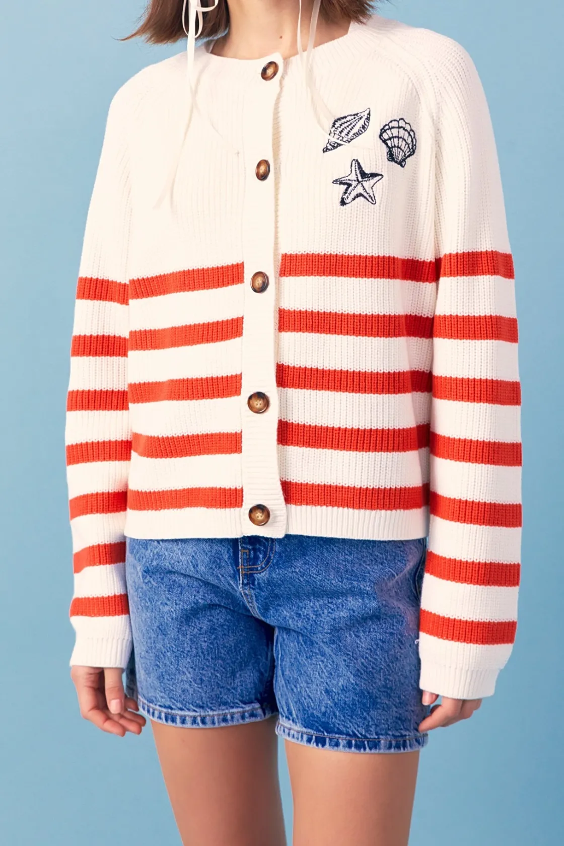 english_factory__breton_s_0.webp ENGLISH FACTORY Sweaters & Knits | Tops*- Breton Striped Cardigan with Shell Embroidery IVORY/RED