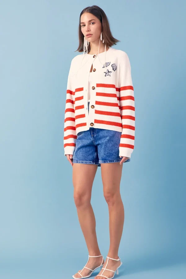 ENGLISH FACTORY Sweaters & Knits | Tops*- Breton Striped Cardigan with Shell Embroidery IVORY/RED