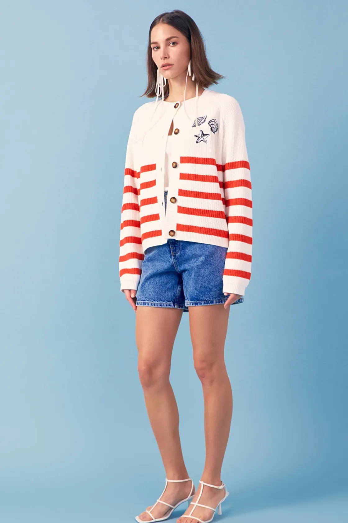 english_factory__breton_s_1.webp ENGLISH FACTORY Sweaters & Knits | Tops*- Breton Striped Cardigan with Shell Embroidery IVORY/RED