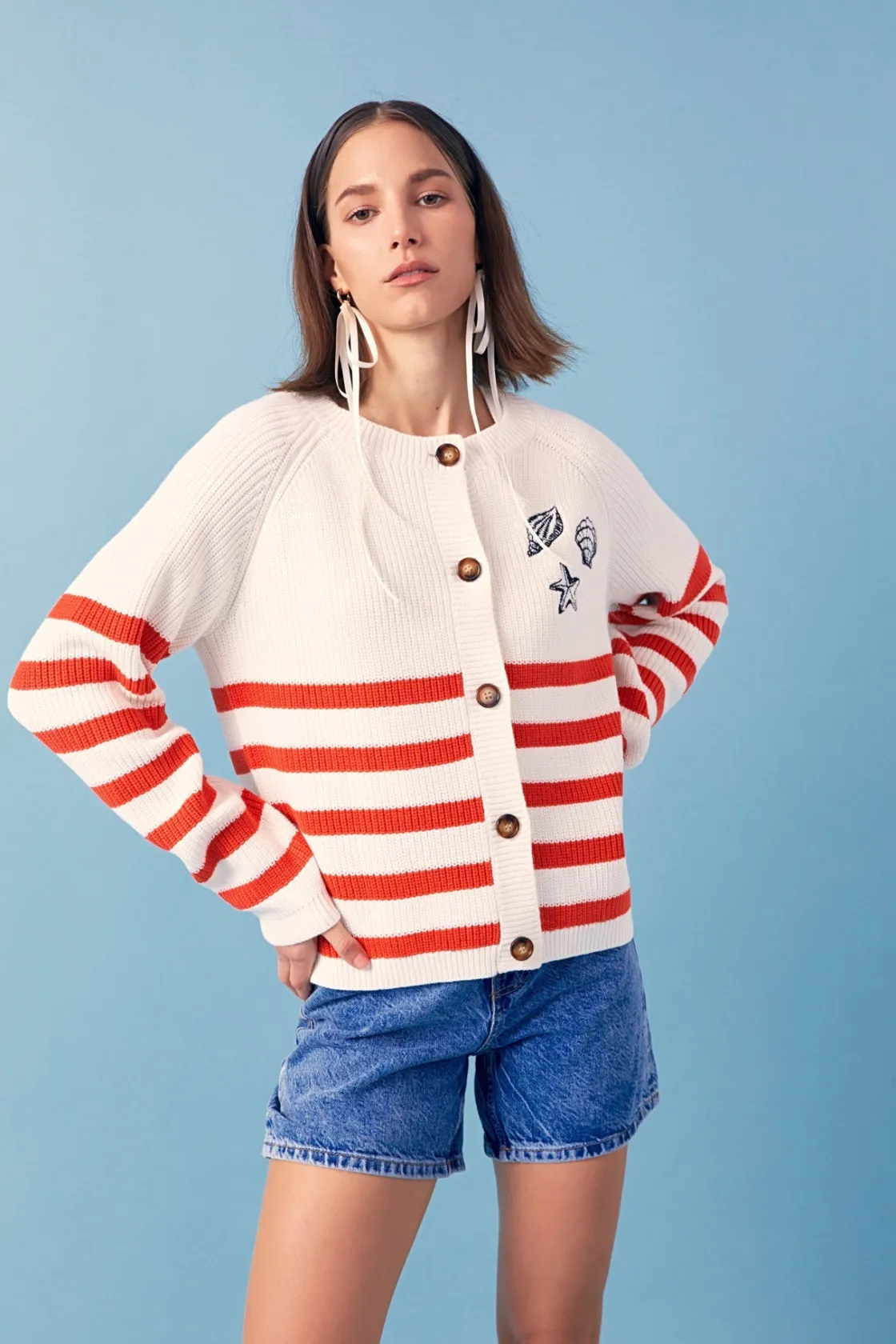 english_factory__breton_s_3.webp ENGLISH FACTORY Sweaters & Knits | Tops*- Breton Striped Cardigan with Shell Embroidery IVORY/RED