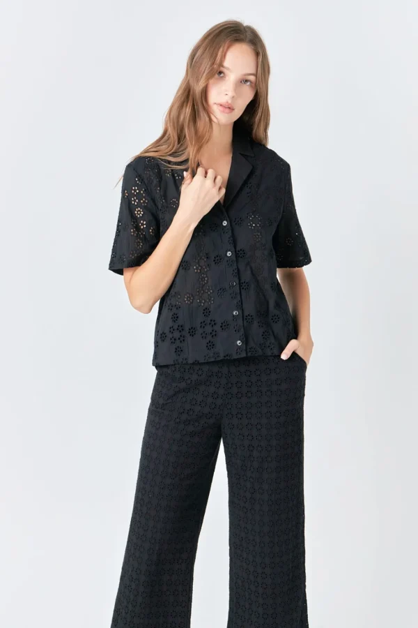 ENGLISH FACTORY Pants | Tops*- Broderie Lace Cropped Pants BLACK