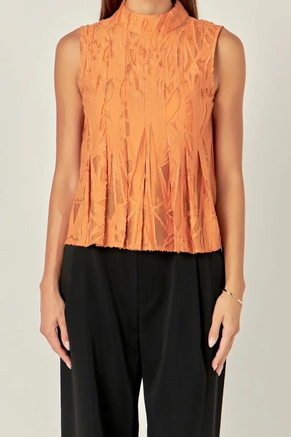ENGLISH FACTORY Tops*- Burnout Pleated sleeveless Top ORANGE
