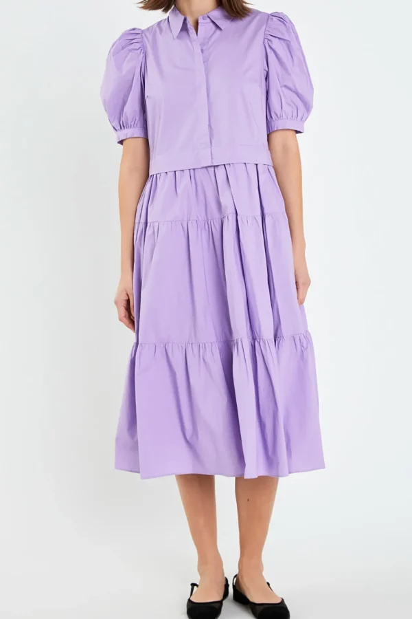 ENGLISH FACTORY Tops*- Button Closure Puff Sleeve Midi Dress PURPLE