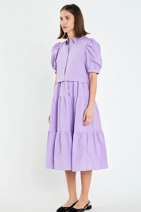 ENGLISH FACTORY Tops*- Button Closure Puff Sleeve Midi Dress PURPLE