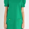 ENGLISH FACTORY Puff Sleeve | Tops*- Buttoned Knit Shift Dress KELLYGREEN