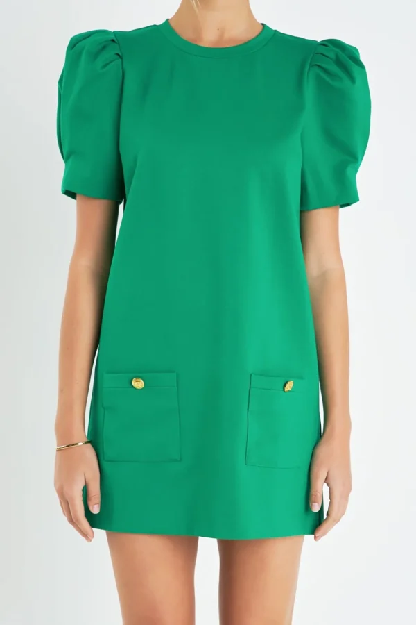 ENGLISH FACTORY Puff Sleeve | Tops*- Buttoned Knit Shift Dress KELLYGREEN