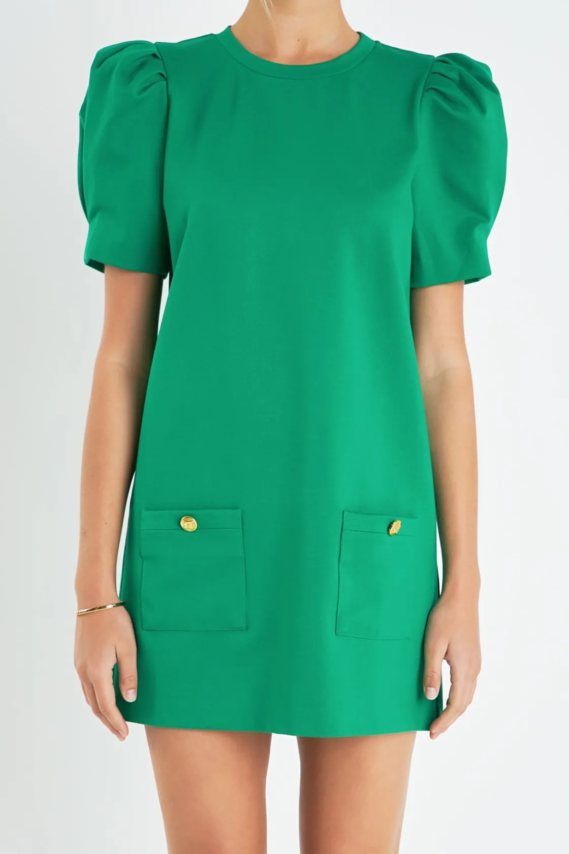 english_factory__buttoned_0-1.webp ENGLISH FACTORY Puff Sleeve | Tops*- Buttoned Knit Shift Dress KELLYGREEN