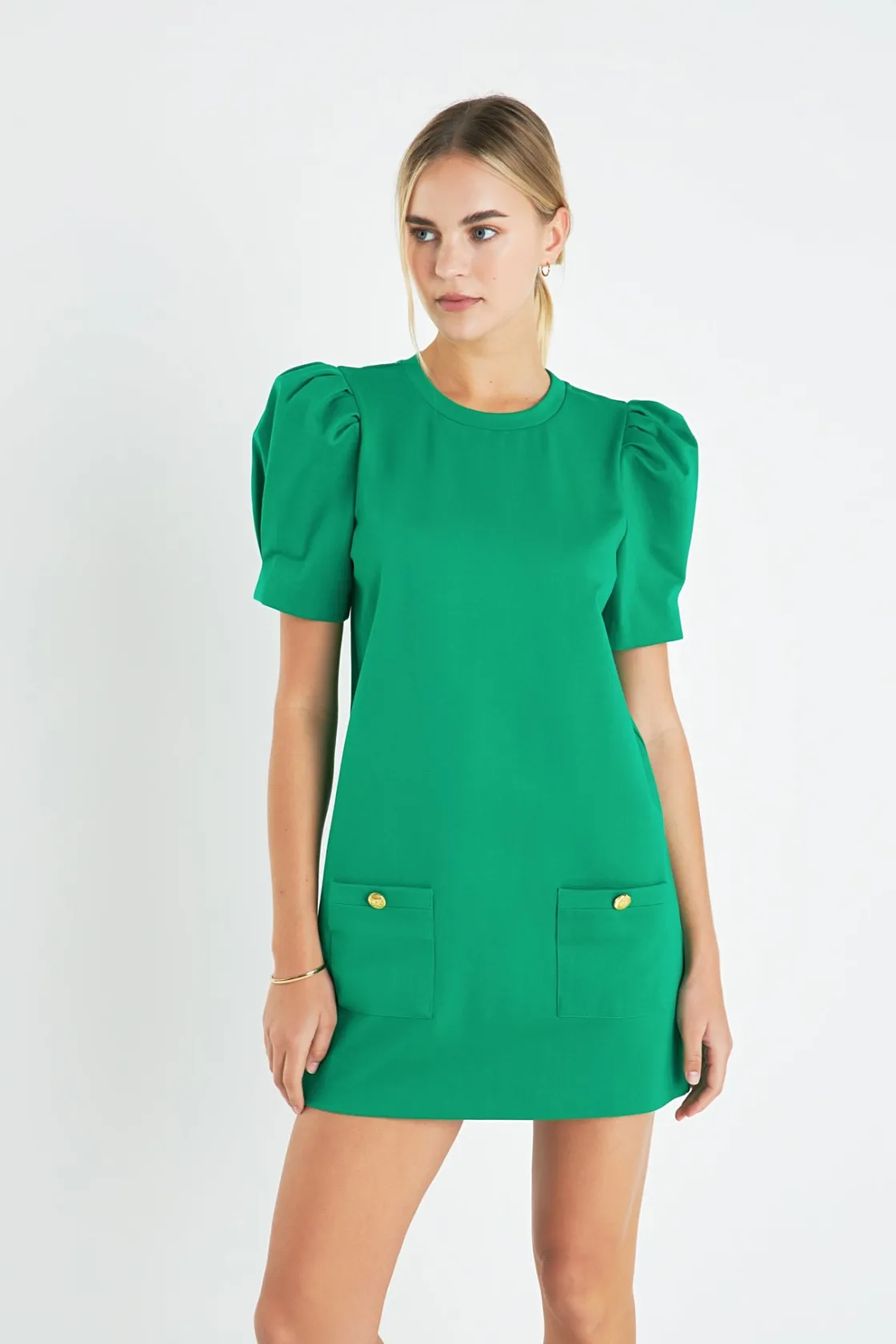 english_factory__buttoned_3-1.webp ENGLISH FACTORY Puff Sleeve | Tops*- Buttoned Knit Shift Dress KELLYGREEN