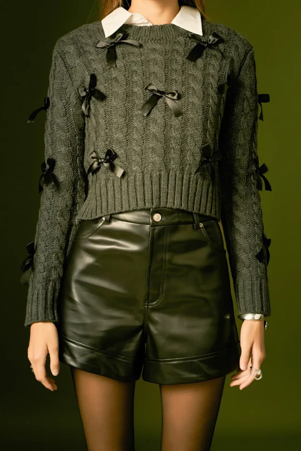 ENGLISH FACTORY Tops*- Cable Bow Knit CHARCOAL