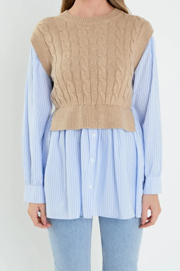 ENGLISH FACTORY Sweaters & Knits | Tops*- Cable Knit Long Striped Shirt BEIGE