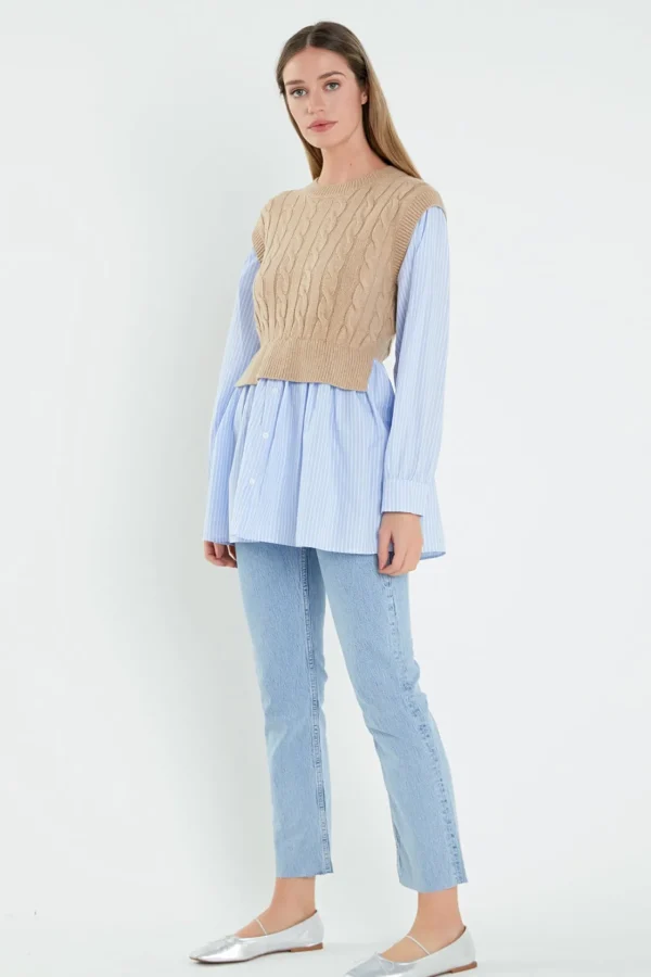 ENGLISH FACTORY Sweaters & Knits | Tops*- Cable Knit Long Striped Shirt BEIGE
