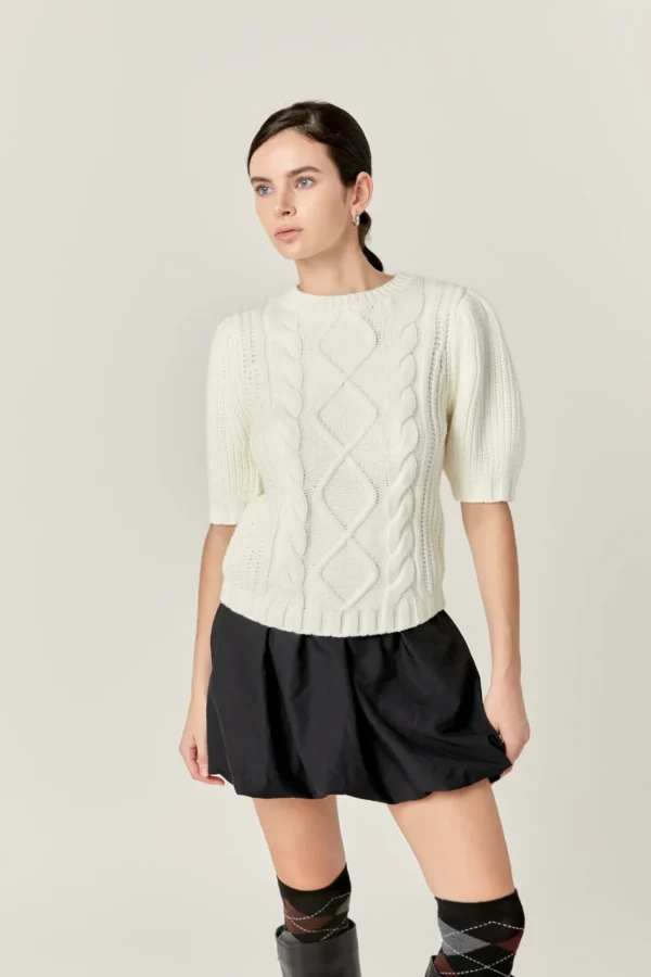 ENGLISH FACTORY Sweaters & Knits | Tops*- Cable Knit Puff Sleeve Sweater CREAM