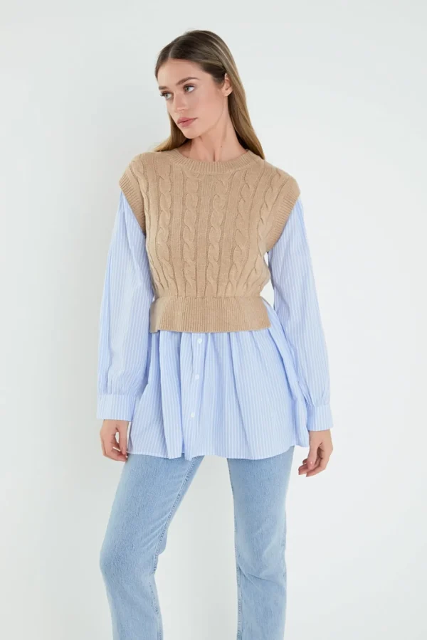 ENGLISH FACTORY Sweaters & Knits | Tops*- Cable Knit Long Striped Shirt BEIGE