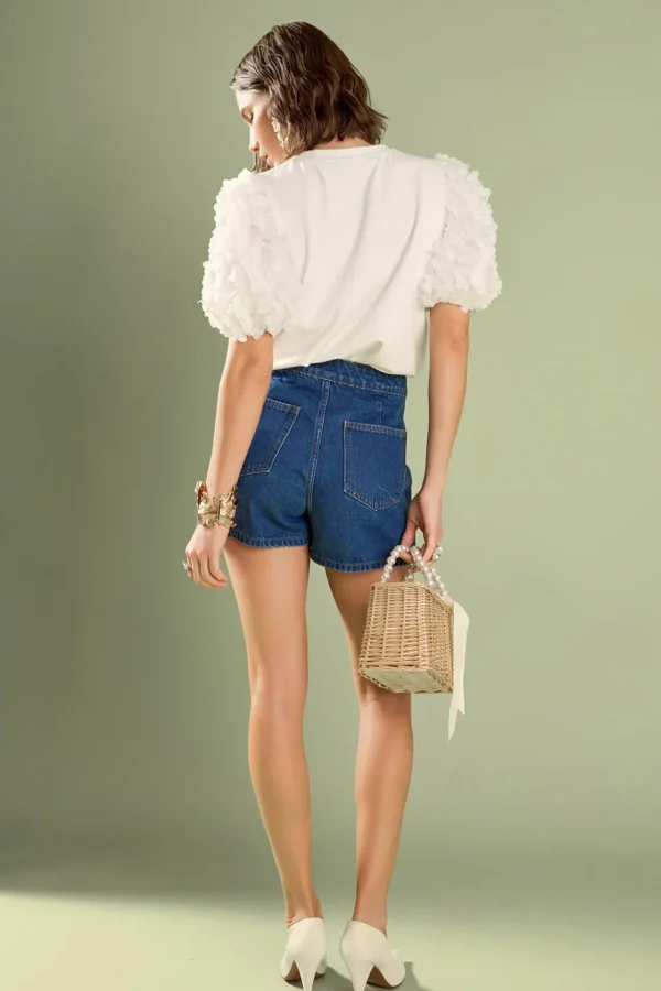 ENGLISH FACTORY Tops*- Charlotte Flower Mixed Media Top WHITE