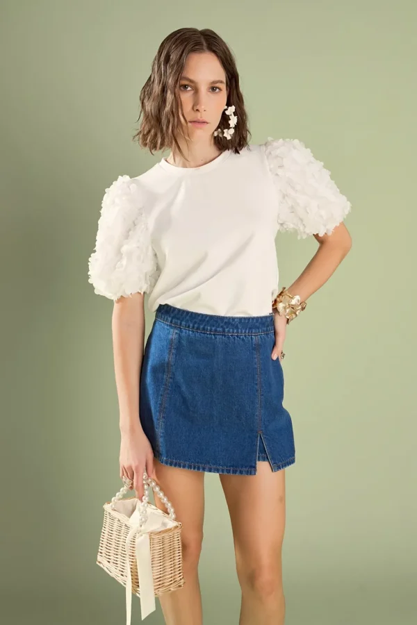 ENGLISH FACTORY Tops*- Charlotte Flower Mixed Media Top WHITE