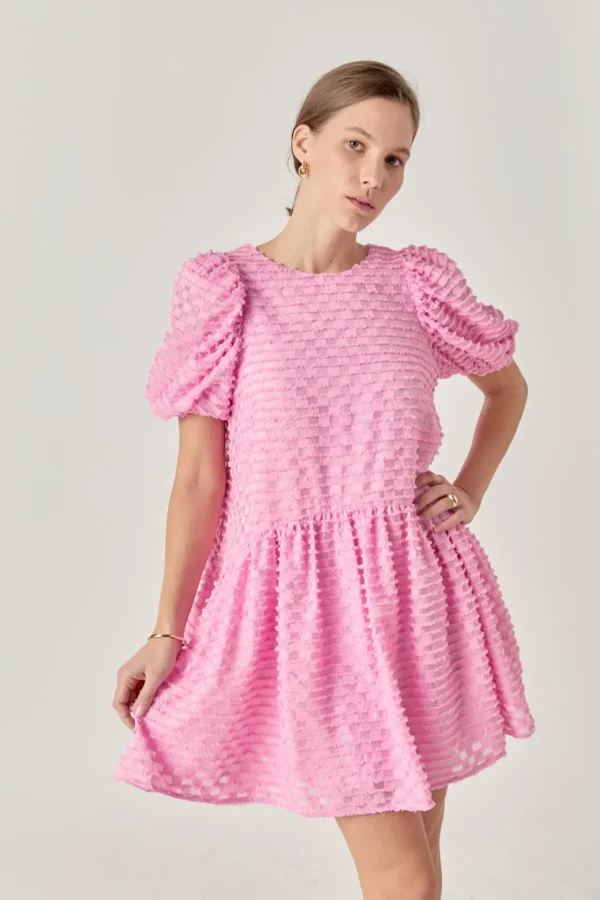 ENGLISH FACTORY Puff Sleeve | Tops*- Check Baby Doll Mini Dress PINK