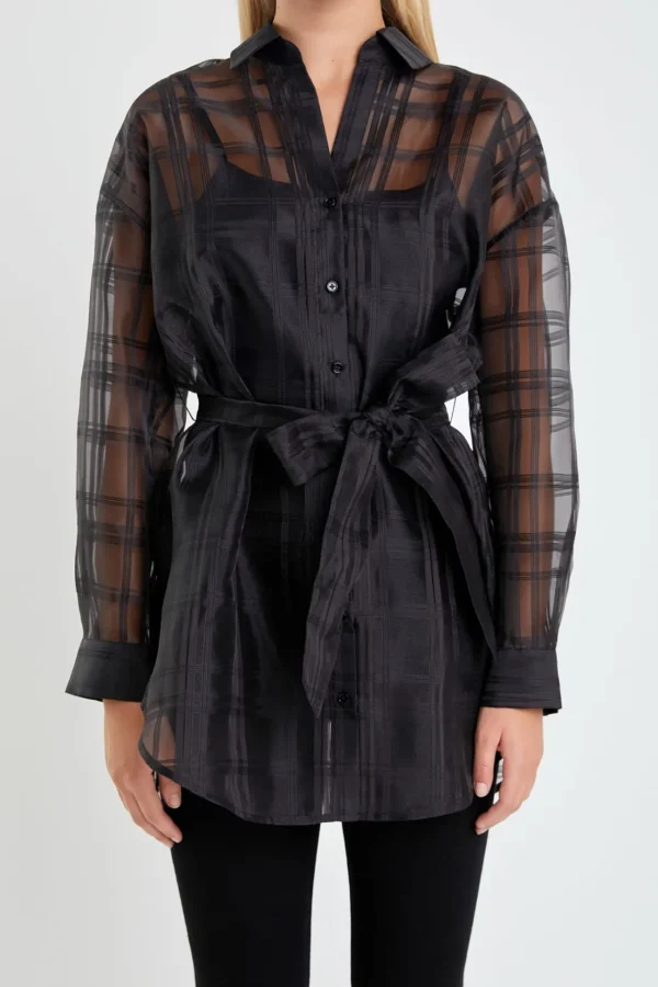 ENGLISH FACTORY Shirts & Blouses | Tops*- Check Organza Long Shirt BLACK