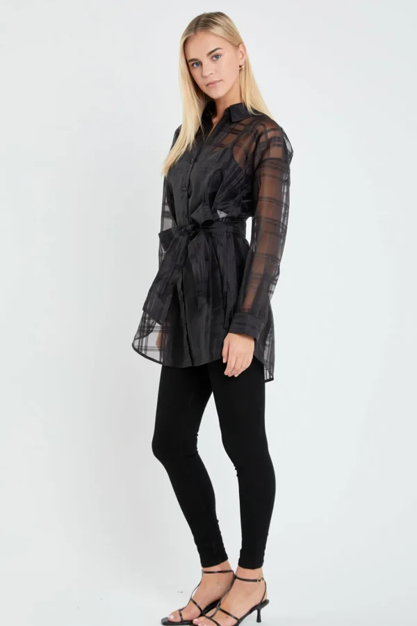 ENGLISH FACTORY Shirts & Blouses | Tops*- Check Organza Long Shirt BLACK