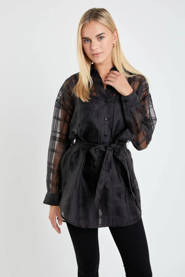 ENGLISH FACTORY Shirts & Blouses | Tops*- Check Organza Long Shirt BLACK