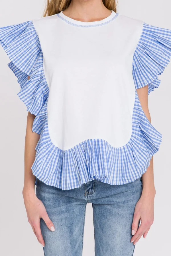 ENGLISH FACTORY Tops*- Check Print Combo Top WHITEBLUECOMBO