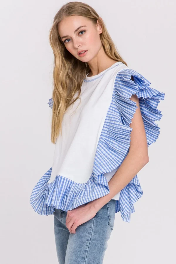 ENGLISH FACTORY Tops*- Check Print Combo Top WHITEBLUECOMBO