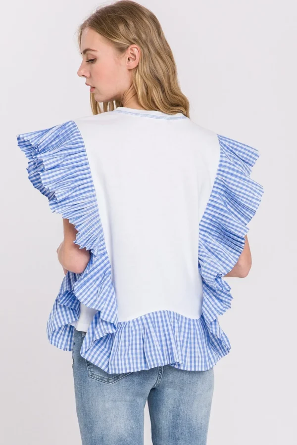 ENGLISH FACTORY Tops*- Check Print Combo Top WHITEBLUECOMBO