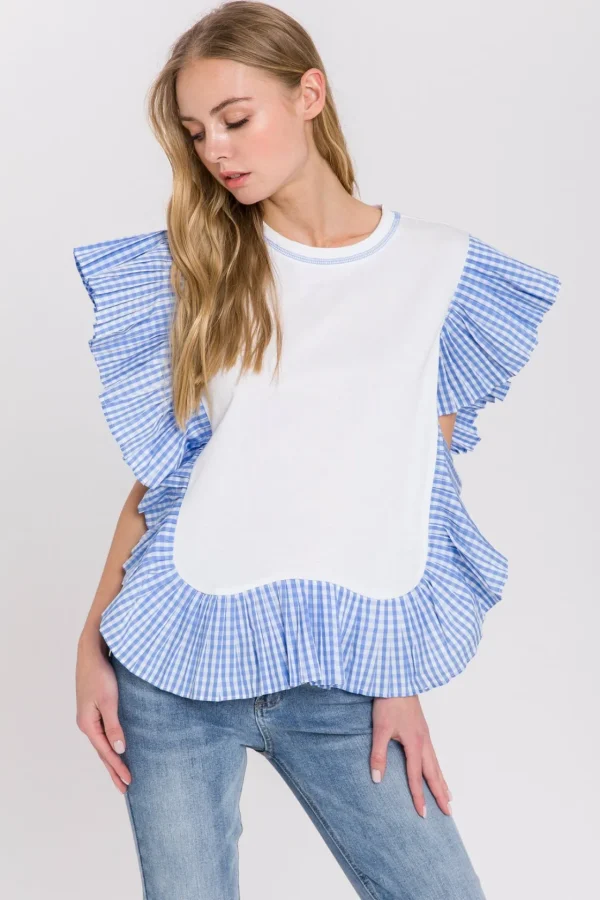 ENGLISH FACTORY Tops*- Check Print Combo Top WHITEBLUECOMBO