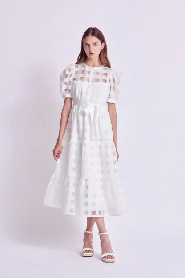 ENGLISH FACTORY White Dresses | Tops*- Check Puff Sleeve Midi Dress WHITE