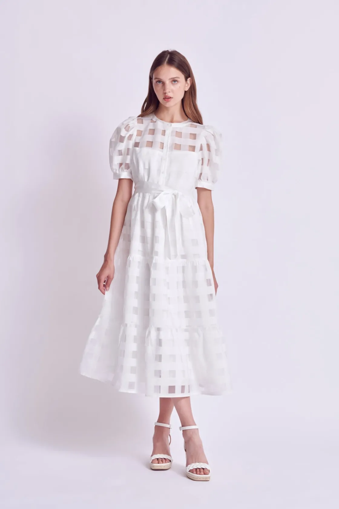 english_factory__check_pu_3.webp ENGLISH FACTORY White Dresses | Tops*- Check Puff Sleeve Midi Dress WHITE