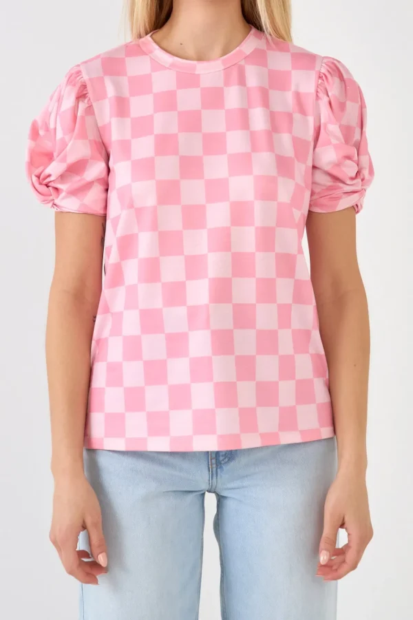 ENGLISH FACTORY Tops*- Chess Print Knit Top PINK