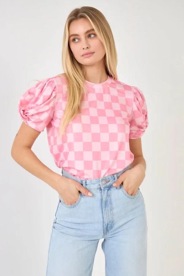 ENGLISH FACTORY Tops*- Chess Print Knit Top PINK