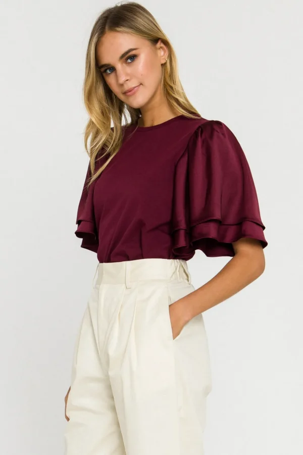 ENGLISH FACTORY Tops*- Chiffon Ruffle Sleeve T-shirt