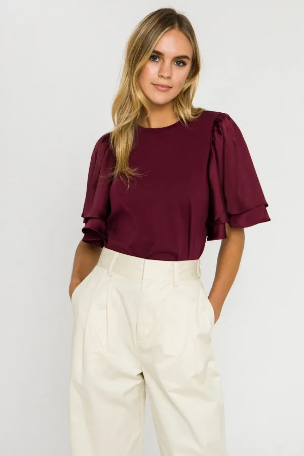 ENGLISH FACTORY Tops*- Chiffon Ruffle Sleeve T-shirt