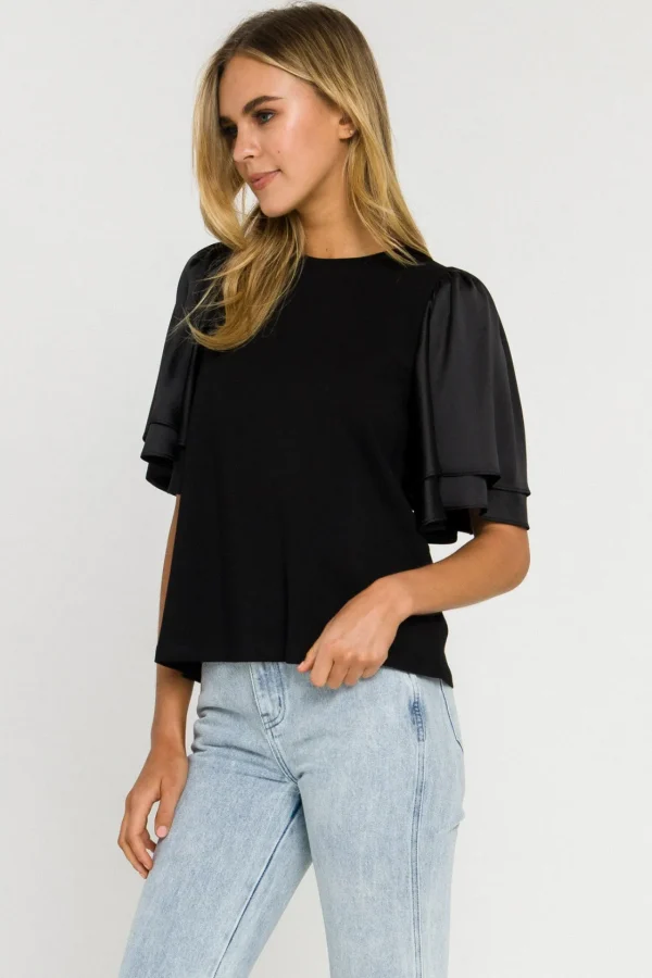 ENGLISH FACTORY Tops*- Chiffon Ruffle Sleeve T-shirt