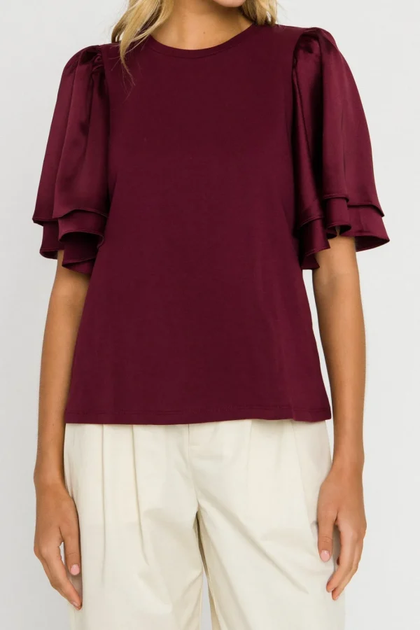 ENGLISH FACTORY Tops*- Chiffon Ruffle Sleeve T-shirt