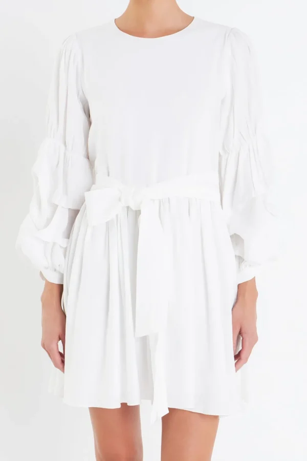 ENGLISH FACTORY White Dresses | Tops*- Cinched Puff Sleeve Belted Dress WHITE