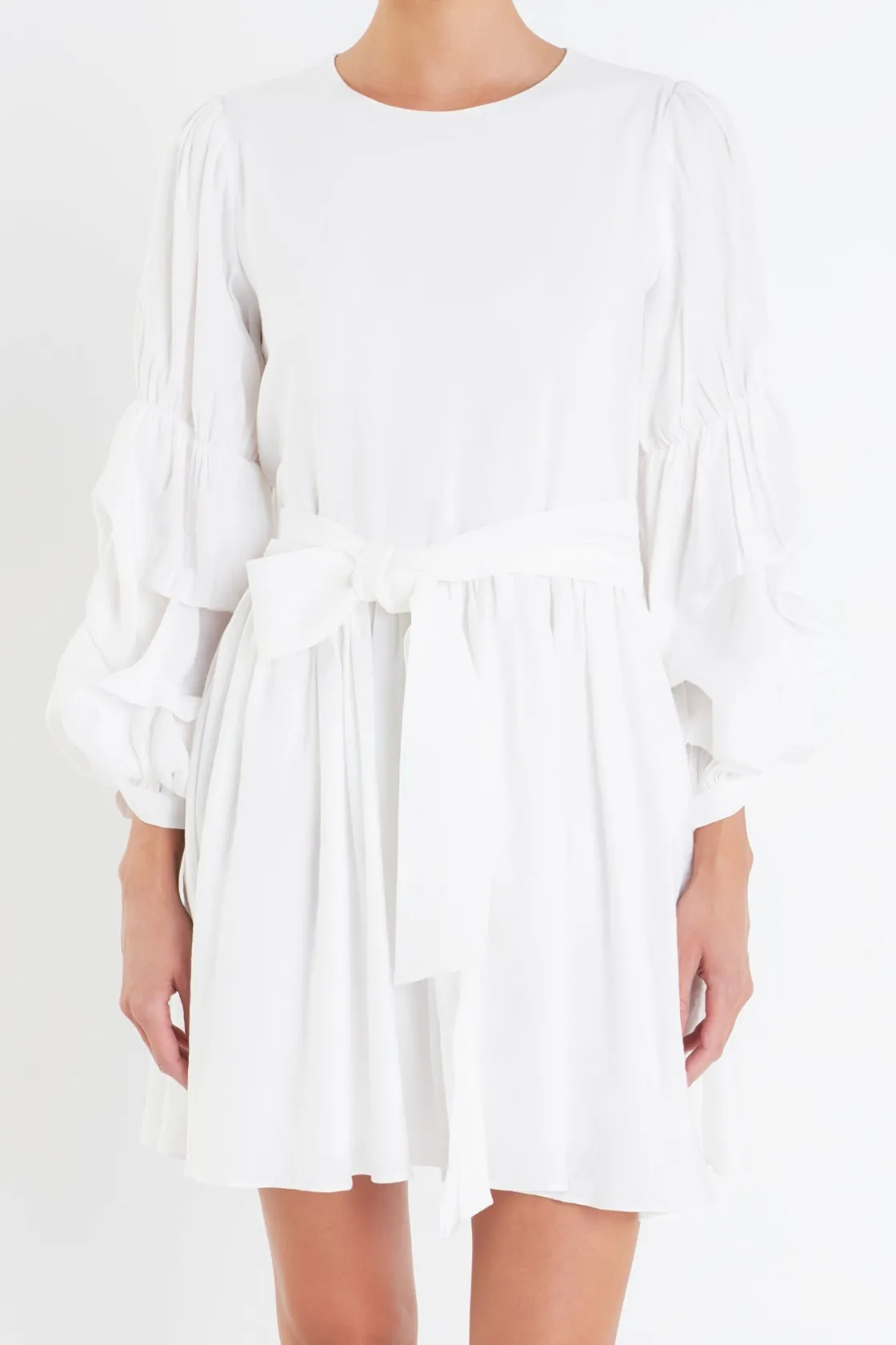 english_factory__cinched__0.webp ENGLISH FACTORY White Dresses | Tops*- Cinched Puff Sleeve Belted Dress WHITE