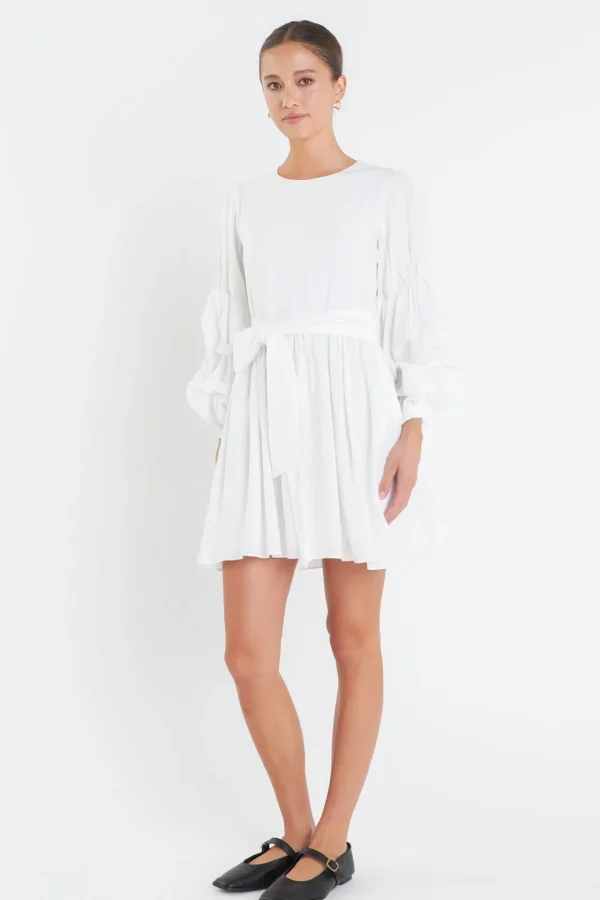 ENGLISH FACTORY White Dresses | Tops*- Cinched Puff Sleeve Belted Dress WHITE