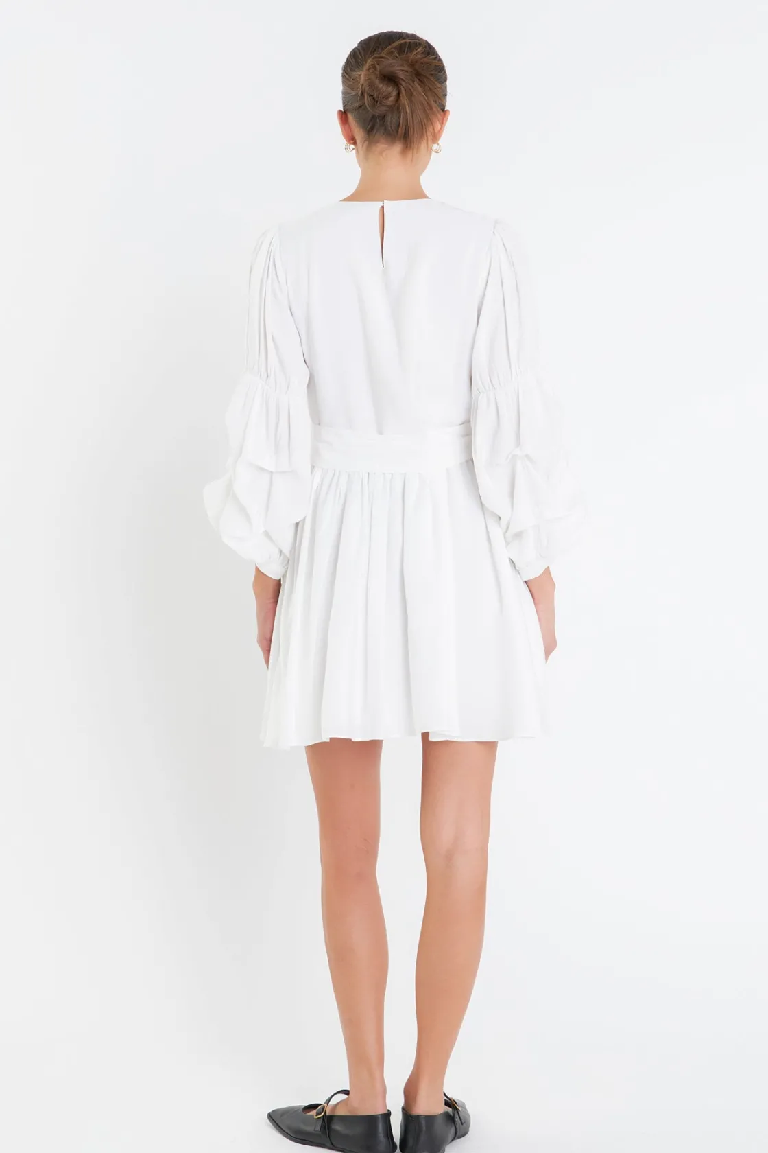 english_factory__cinched__2.webp ENGLISH FACTORY White Dresses | Tops*- Cinched Puff Sleeve Belted Dress WHITE